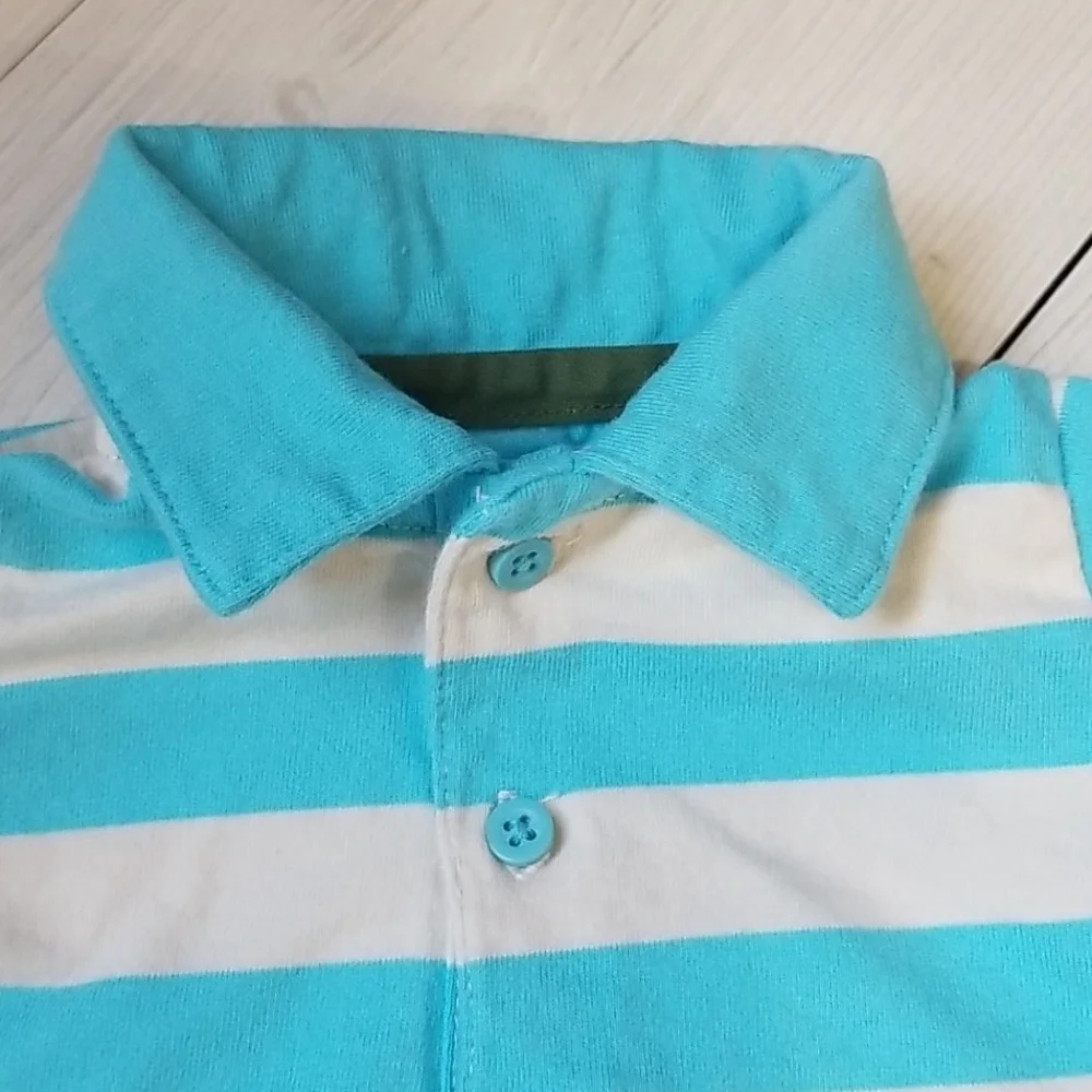 Just one year blue white stripe collared shirt/green short set 3 mo